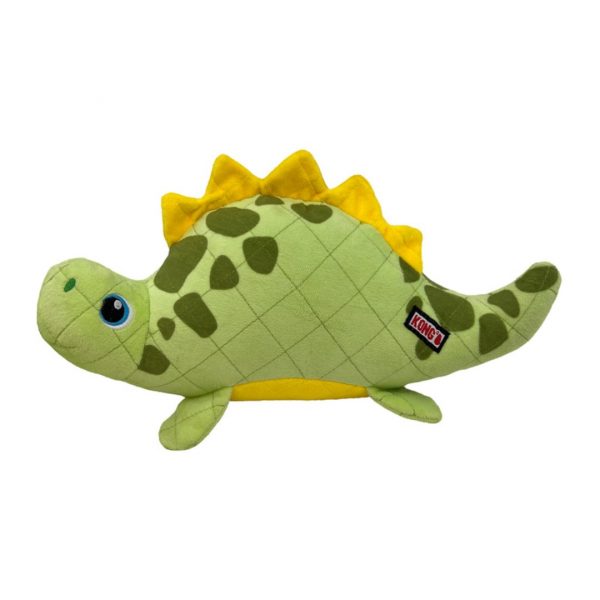 Cute plush Green Kong Dinosaur dog toy with yellow spines on back