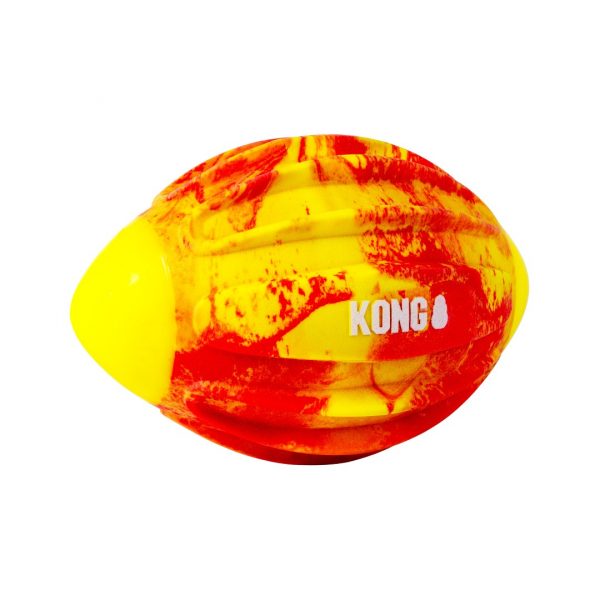 Red and Yellow swirl coloured American Football Shaped dog toy