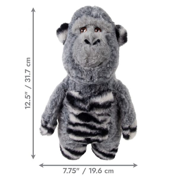 KONG Jungle Jamz Gorilla Dimensions 1080px Cute Grey KONG Gorilla plush dog toy with black and white stripes on belly, hands and feet - with dimensions