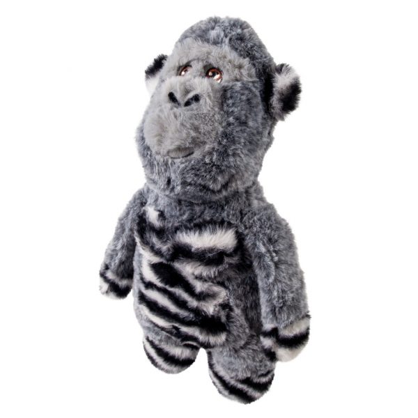 KONG Jungle Jamz Gorilla Face Left 1080px Cute Grey KONG Gorilla plush dog toy with black and white stripes on belly, hands and feet - facing left