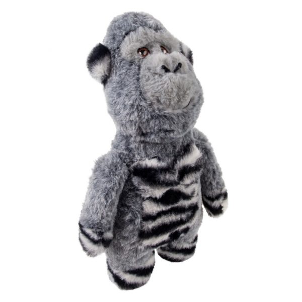 KONG Jungle Jamz Gorilla Face Right 1080px Cute Grey KONG Gorilla plush dog toy with black and white stripes on belly, hands and feet - facing right