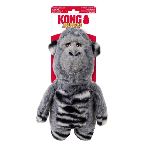 KONG Jungle Jamz Gorilla on Card 1080px Cute Grey KONG Gorilla plush dog toy with black and white stripes on belly, hands and feet on branded card hanger
