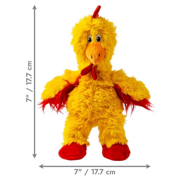 KONG Knots Chicken Sml Dimensions 1080px Medium/Large Yellow KONG chicken plush dog toy, red feet and under wings with dimensions