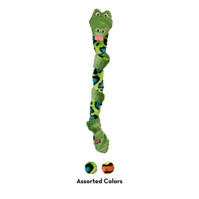 Green knotted snake dog toy with colour options in two circles underneath