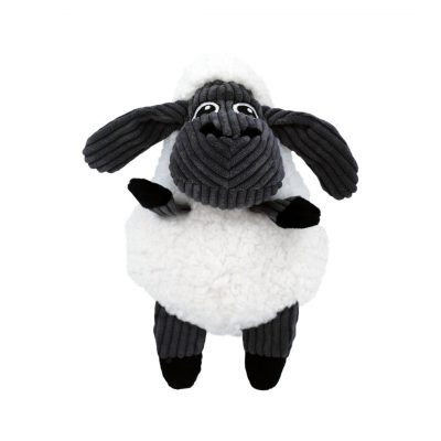 Full studio shot of a KONG Sherps Floof Sheep plush dog toy against a plain white background. The toy features an ultra-soft, cream-coloured fleece body resembling sheep's wool, with floppy light blue ears and a matching light blue fabric face. A soft-textured, crinkly interactive plush toy designed for comforting companionship and indoor games, available from MAH Pet Supplies in Clowne