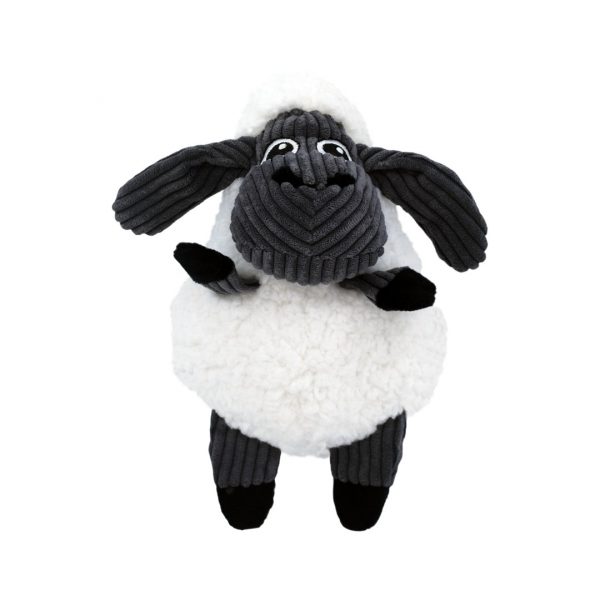 Full studio shot of a KONG Sherps Floof Sheep plush dog toy against a plain white background. The toy features an ultra-soft, cream-coloured fleece body resembling sheep's wool, with floppy light blue ears and a matching light blue fabric face. A soft-textured, crinkly interactive plush toy designed for comforting companionship and indoor games, available from MAH Pet Supplies in Clowne