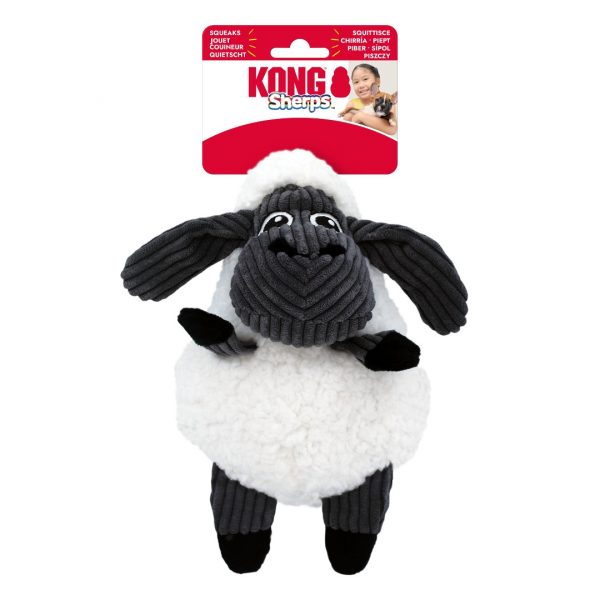 KONG Sherps Floof Sheep on card 1080px The KONG Sherps Floof Sheep plush dog toy attached to its authentic red and white KONG cardboard retail backing card, isolated on a white background. The packaging displays the official KONG branding and clearly shows the "Sherps Floof" range name