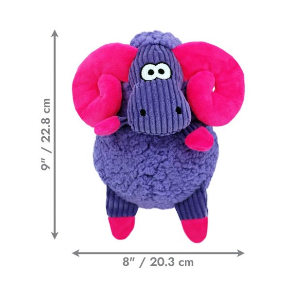 KONG Sherps Floofs Big Horn Dimensions 1080px Product size graphic for the KONG Sherps Floofs Big Horn dog toy against a white background. Features clear black dimension lines showing the exact height (9") and width (8") of the plush toy, helping pet owners check the measurements for their specific dog breed before purchasing