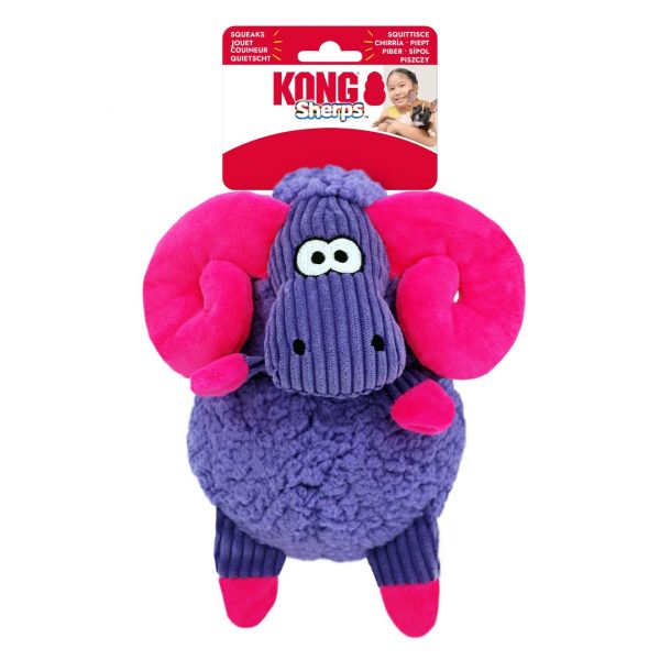 KONG Sherps Floofs Big Horn On Card 1080px The KONG Sherps Floofs Big Horn plush dog toy attached to its authentic red and white KONG cardboard retail backing card, isolated on a white background. The packaging displays the official KONG branding and highlights the "Sherps Floofs" range name