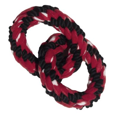 Black and red double ring rope dog tug toy