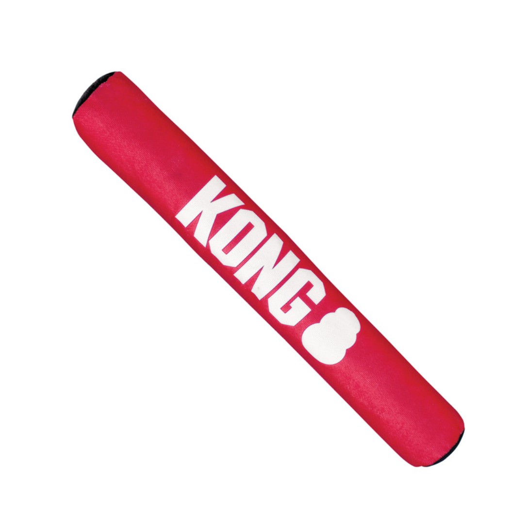 Large Red KONG tubular stick dog toy with KONG writing and logo in white on the side