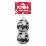 Retail packaging for a two-pack of large KONG Sport Soccer Balls. The balls are contained in a white mesh net attached to a red KONG Sport header card. The packaging features a "Limited Edition" label and highlights the balls as "Tough, Bouncy Fun" in multiple languages. The KONG logo and a soccer ball icon are prominently displayed at the top.