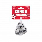 Pack of 3 Black and white XS KONG Sport dog balls in white mesh net on red logo'd hanging card
