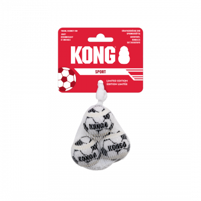 Pack of 3 Black and white XS KONG Sport dog balls in white mesh net on red logo'd hanging card