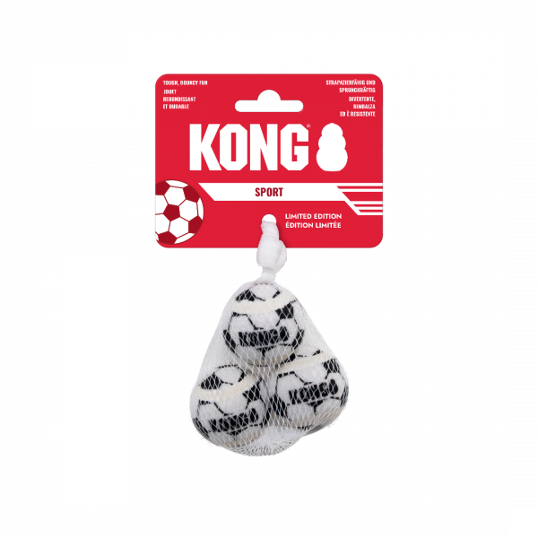 KONG Sport Soccer Balls 3pk on card in net XS Pack of 3 Black and white XS KONG Sport dog balls in white mesh net on red logo'd hanging card