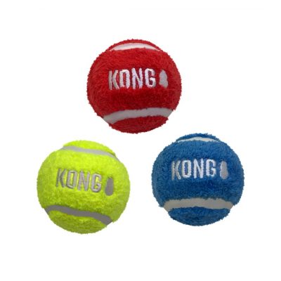Set of 3 Tennis Ball Dog Toys in Red Green and Blue with KONG logo on