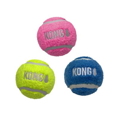 Set of 3 coloured tennis ball dog toys. Pink, Green and Blue