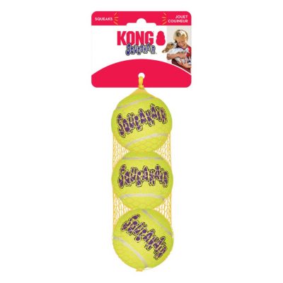 3 Dog Balls stacked vertically in a net with sale hanger card