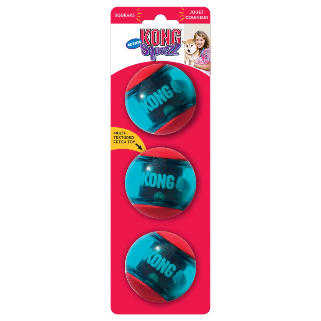pack of 3 KONG blue and red dog balls