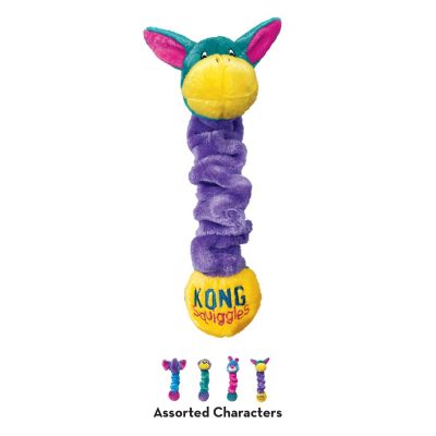 KONG Squiggles Medium donkey character dog toy with a teal head, yellow snout, pink inner ears, and a purple flexible coiled body with a yellow base. Below, a row displays four assorted characters including elephant, monkey, rabbit, and donkey variants with "Assorted Characters" text underneath, set against a white background.