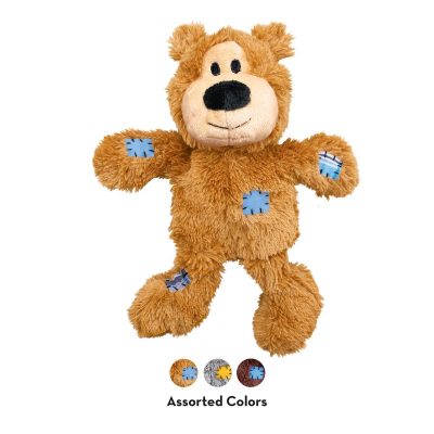 Tan Coloured Bear Dog Toy with colour options in 3 circles underneath