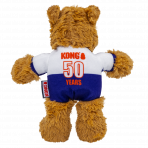 The back view of the KONG Wild Knots England Bear showing the white and blue football jersey. The reverse of the shirt is printed with the orange "KONG 50 YEARS" commemorative logo, celebrating the brand's milestone. A small woven KONG brand tag is visible on the left side. The image highlights the soft, textured brown fur and the quality construction of the limited edition commemorative toy.