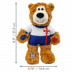 A product dimensions graphic for the KONG Wild Knots England Bear. The image shows the bear with grey arrows and text indicating its size: 8.5 inches (21.5 cm) in height and 5.75 inches (14.6 cm) in width. This visual guide helps pet owners determine the suitability of the toy for their dog’s size, ensuring a comfortable fit for carrying and play.