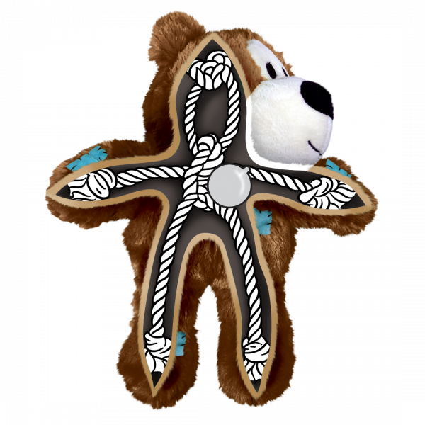 KONG Wild Knots World Cup England Bear Internal Rope 1080px An educational "X-ray" style diagram showing the internal structure of the KONG Wild Knots England Bear. A white knotted rope skeleton is superimposed over the bear's body, illustrating how the rope runs through the head, arms, and legs for extra durability. A round graphic in the centre represents the internal squeaker, highlighting how the toy provides both physical resistance and auditory enrichment.