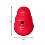 Red KONG Wobbler treat dispensing dog toy with dimensions