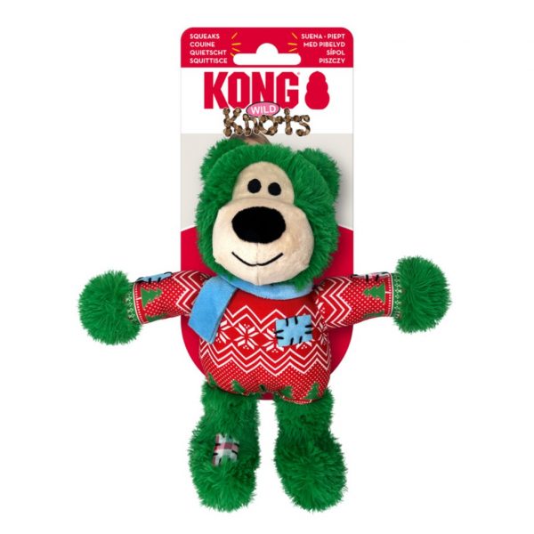 KONG Xmas Wild Knots Bear Green on Card 1024 Green Bear Dog Toy in Red Xmas Jumper