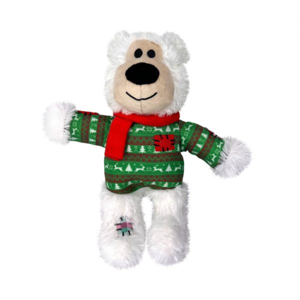 KONG Xmas Wild Knots Bear White 1024 White KONG Bear dog toy in green Xmas jumper and red scarf