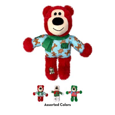 Red Bear Dog Toy in Xmas jumper with 3 colour options shown