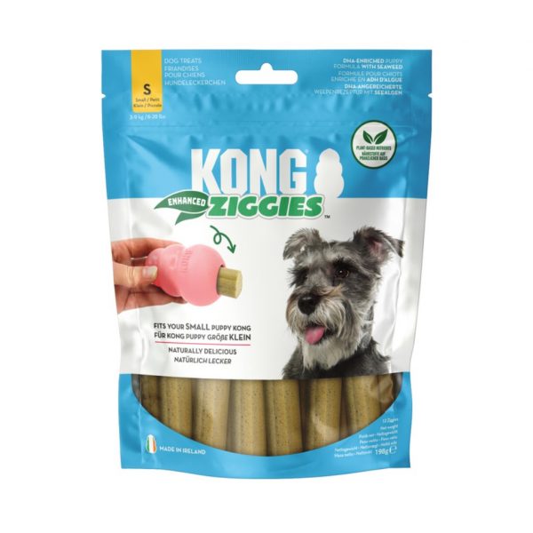 KONG Ziggies Puppy Small 1024 Blue and White pack of Puppy snacks with a Schnauzer puppy with tongue out