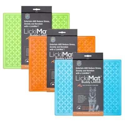Set of Green, Orange and Turquoise Lickimat Buddy XL feeding mats
