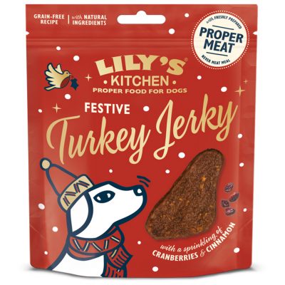 Red pack of Festive Turkey Jerky dog treats