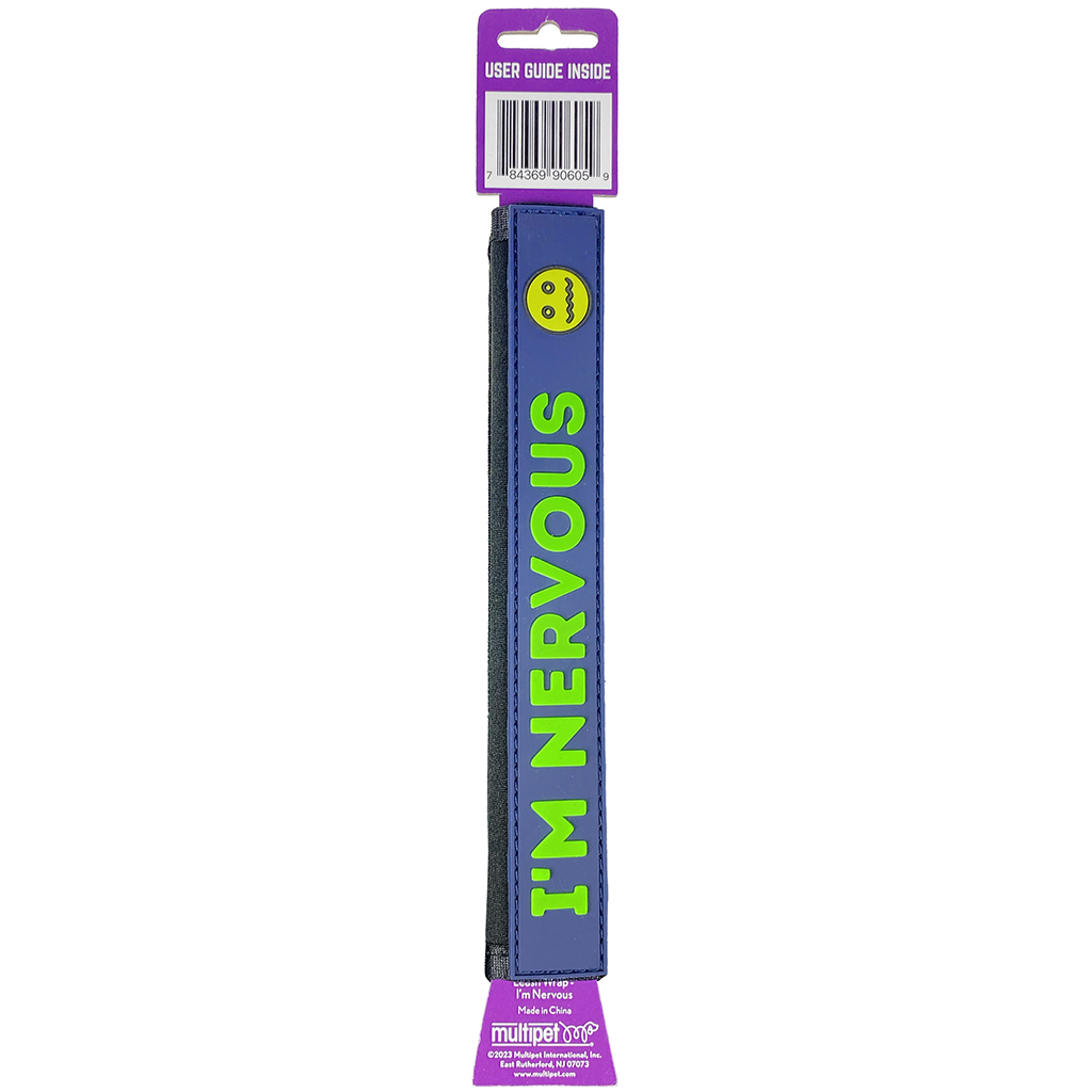 Dog Leash Wrap with "i'm Nervoise" message green on blue