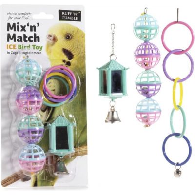 Ruff 'N' Tumble Mix 'n' Match Ice Bird Toy retail packaging alongside its three potential configurations against a plain white background. The left shows the blister pack featuring a yellow budgie image, while the right displays the pastel-coloured plastic components assembled into hanging cage accessories: a green pagoda lantern with an integrated mirror and hanging silver bell, a vertical stack of four latticed rattle balls, and a chain of five interlocking coloured plastic rings with a bottom bell. High-quality enrichment and entertainment setup for budgies, canaries, and small pet birds from MAH Pet Supplies