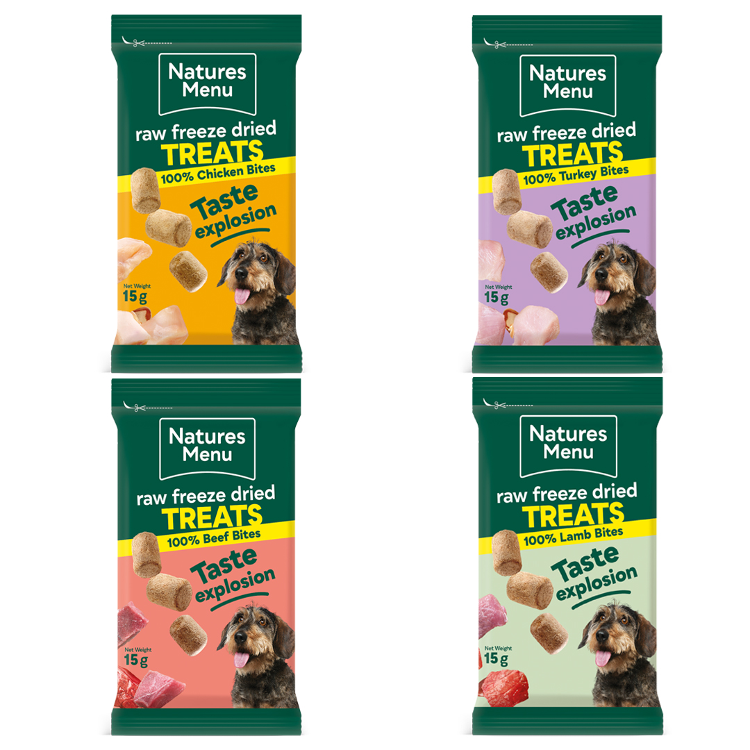 set of 4 packs of freeze dried raw dog treats