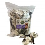 1kg Bag of Paddock Farm Hairy Rabbit Ears Natural Dog treats with a handful of loose ears in front
