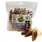 Pack of Rabbit ears dog treats stuffed with rabbit meat, with some loose in front of the pack
