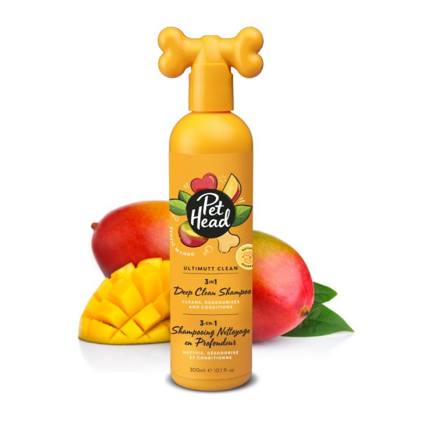 Pet_Head_Ultimutt_Clean_Deep_Clean_Shampoo 1080px Pet Head Ultimutt Clean 3in1 Shampoo Orange bottle with Cut and whole mangoes behind
