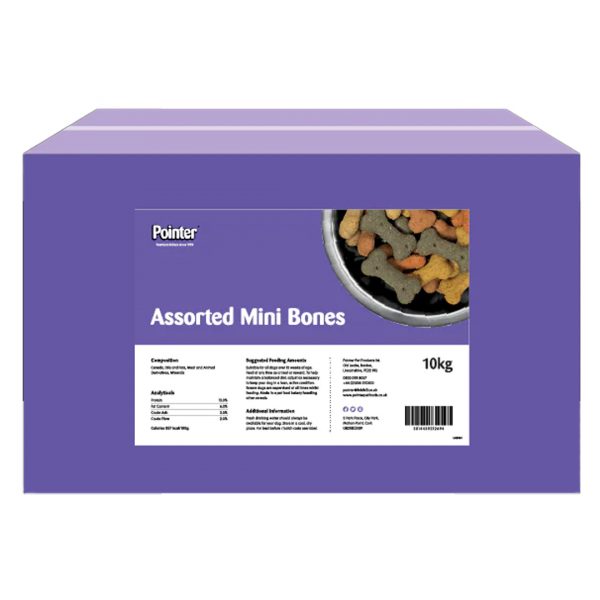 Pointer Asst Mini Bones 10kg 1080px Purple box of Mini Bone Dog treats 10kg with picture of a bowl of the treats on the side