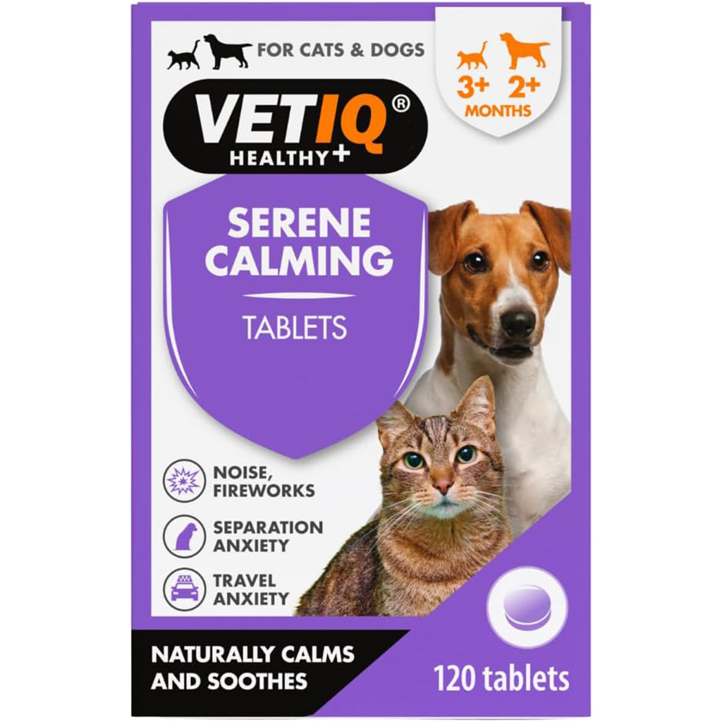 Pack of 120 pet calming tablets with a cat and dog on the front