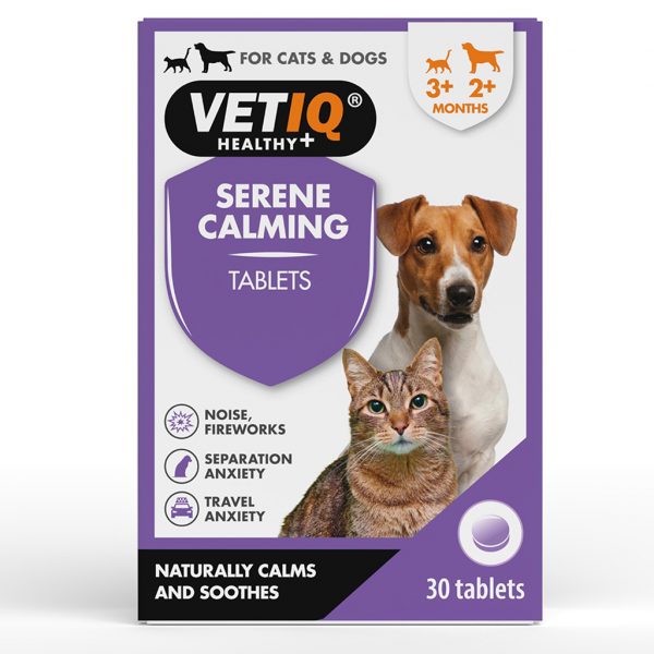 VetIQ Serene Calming 30s New 1024 Pack of 30 pet calming tablets with dog and cat on front