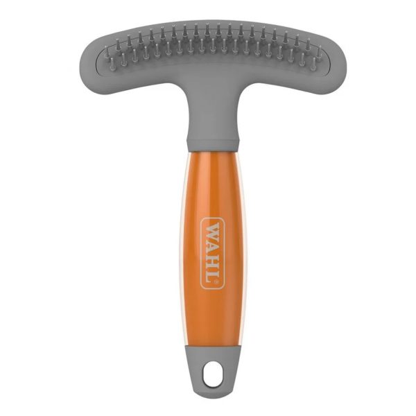 WAHL Double Row Rake Shedding Blade 1080px High-resolution front-facing product shot of the WAHL Double Row Rake and Shedding Blade isolated on a pure white background. The wide, curved grey head houses two parallel rows of rounded steel pins designed for undercoat care. The straight, ergonomic handle features a vibrant, translucent orange gel core with the white WAHL brand logo printed down the centre and a grey hanging loop at the base