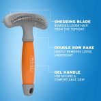 Informational infographic displaying the WAHL grooming tool against a solid blue background, with white dotted indicator lines pointing out its core features. The top pointer identifies the curved metal "SHEDDING BLADE REMOVES LOOSE HAIR FROM THE TOPCOAT". The middle pointer indicates the "DOUBLE ROW RAKE GENTLY REMOVES LOOSE UNDERCOAT". The bottom pointer highlights the "GEL HANDLE FOR SECURE & COMFORTABLE GRIP"