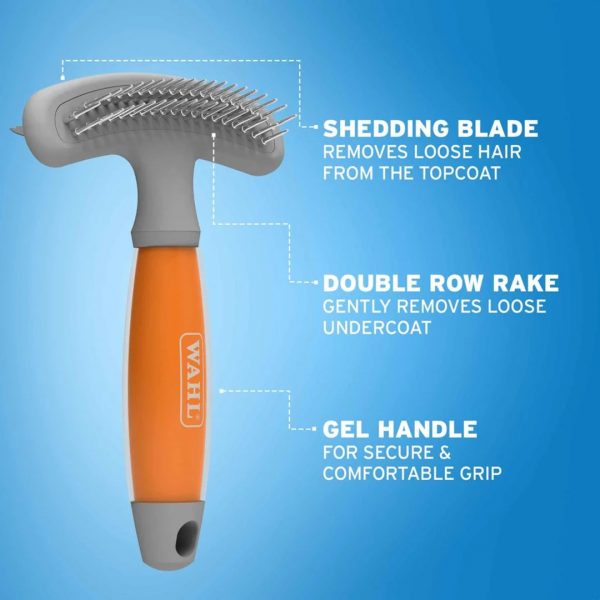WAHL Double Row Rake Shedding Blade F&B 1080px Informational infographic displaying the WAHL grooming tool against a solid blue background, with white dotted indicator lines pointing out its core features. The top pointer identifies the curved metal "SHEDDING BLADE REMOVES LOOSE HAIR FROM THE TOPCOAT". The middle pointer indicates the "DOUBLE ROW RAKE GENTLY REMOVES LOOSE UNDERCOAT". The bottom pointer highlights the "GEL HANDLE FOR SECURE & COMFORTABLE GRIP"