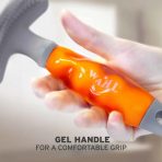 Macro close-up shot of a human hand squeezing the translucent orange gel handle of the WAHL pet grooming tool to demonstrate its soft, ergonomic texture. The fingers flex against the squishy, form-fitting grip, showcasing comfort. The silver WAHL logo is clearly visible on the handle side. Bold text below reads "GEL HANDLE FOR A COMFORTABLE GRIP"