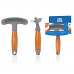 Three-way multiview product shot of the WAHL Double Row Rake and Shedding Blade dog grooming tool on a clean white background with subtle reflections. On the left, a front view displays the wide grey dual-row pin head and ergonomic orange gel handle. The middle view shows a side profile highlighting the metal shedding blade on the reverse side of the rake head. The right view displays the packaged product inside its blue branded retail sleeve.