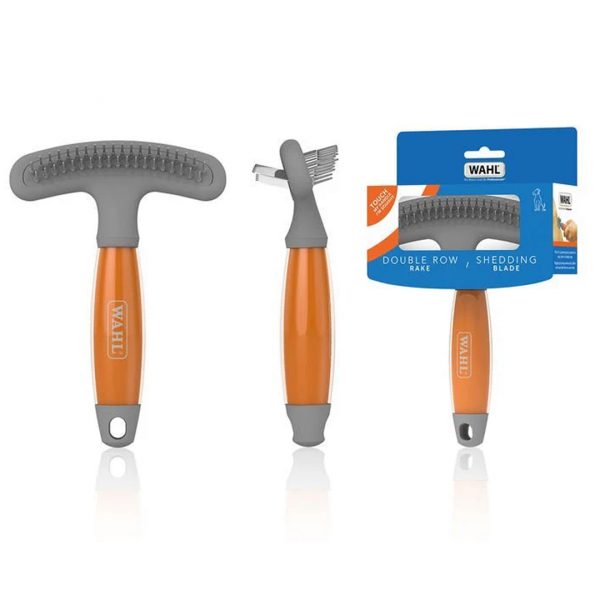 WAHL Double Row Rake Shedding Blade Multiview 1080px Three-way multiview product shot of the WAHL Double Row Rake and Shedding Blade dog grooming tool on a clean white background with subtle reflections. On the left, a front view displays the wide grey dual-row pin head and ergonomic orange gel handle. The middle view shows a side profile highlighting the metal shedding blade on the reverse side of the rake head. The right view displays the packaged product inside its blue branded retail sleeve.